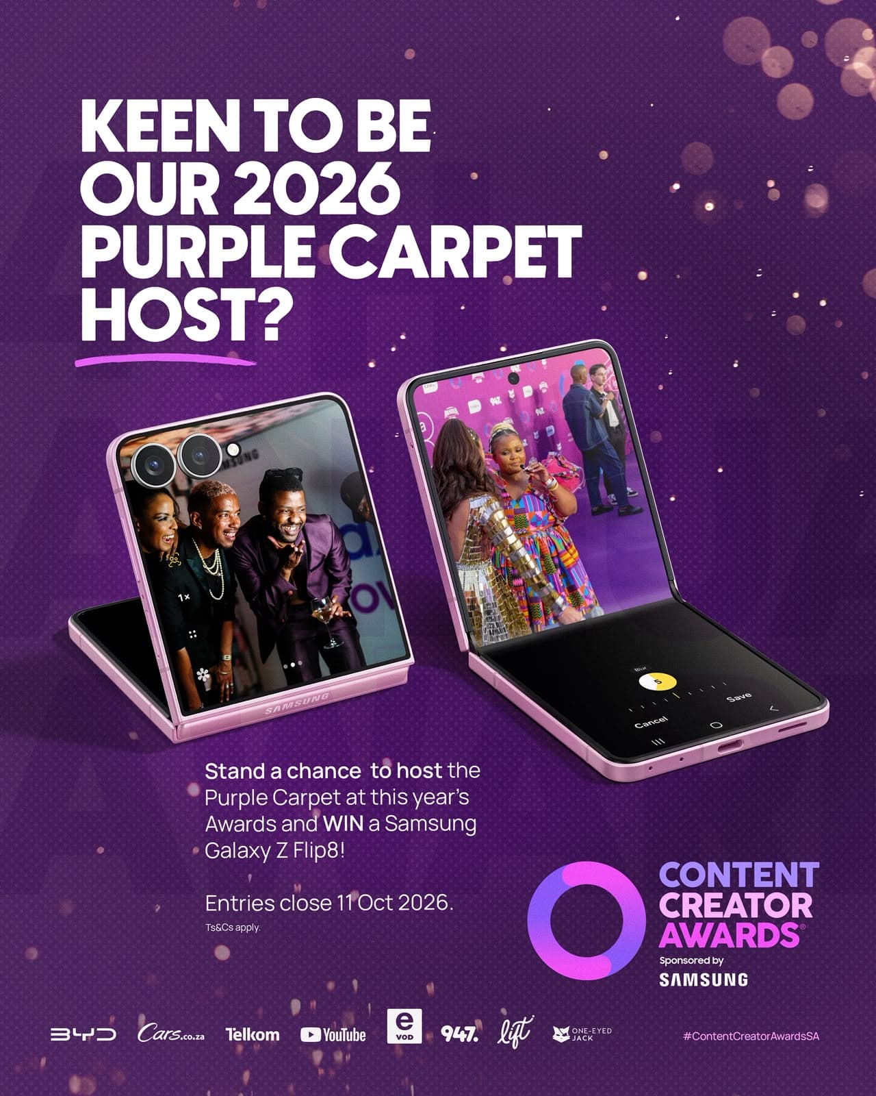 Keen to be our 2026 Purple Carpet Host? Stand a chance to host the Purple Carpet at this year’s Awards and win a Samsung Galaxy Z Flip8. Entries close 11 Oct 2026. Ts&Cs apply.